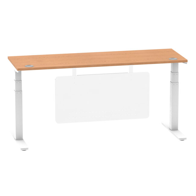 air height adjustable slimline desk with cable ports with steel modesty panel