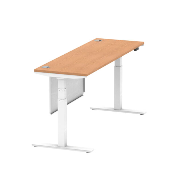 air height adjustable slimline desk with cable ports with steel modesty panel