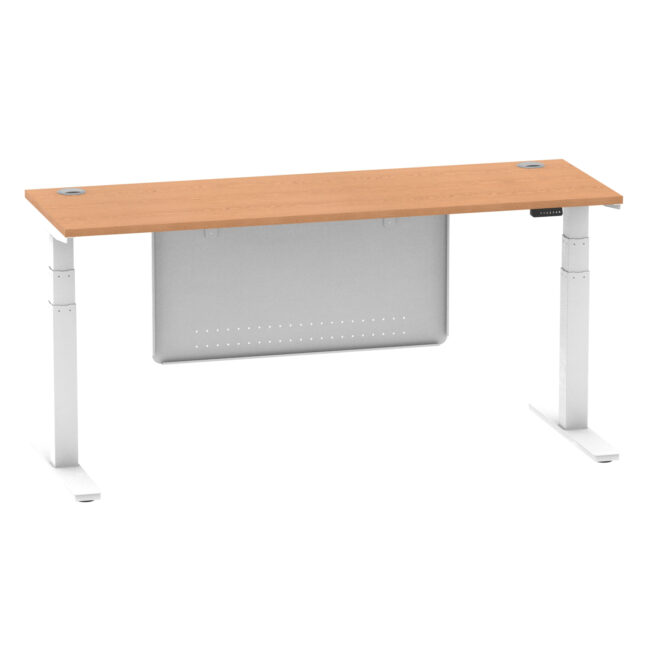 air height adjustable slimline desk with cable ports with steel modesty panel