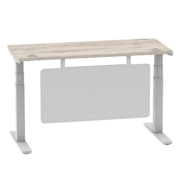 air height adjustable slimline desk with cable ports with steel modesty panel