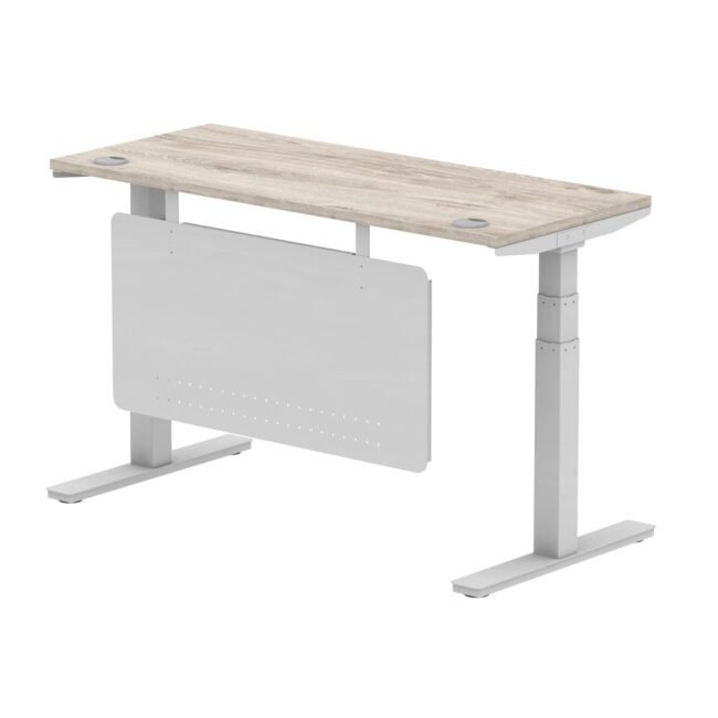 air height adjustable slimline desk with cable ports with steel modesty panel