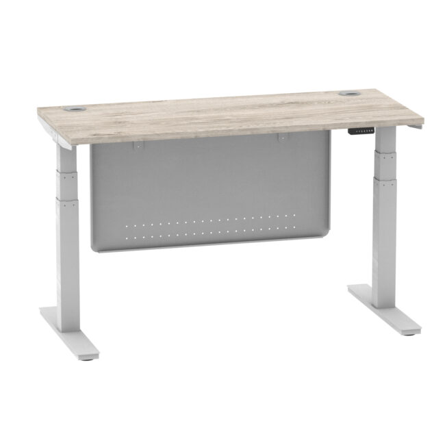 air height adjustable slimline desk with cable ports with steel modesty panel