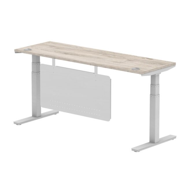 air height adjustable slimline desk with cable ports with steel modesty panel