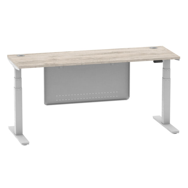 air height adjustable slimline desk with cable ports with steel modesty panel