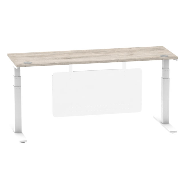 air height adjustable slimline desk with cable ports with steel modesty panel