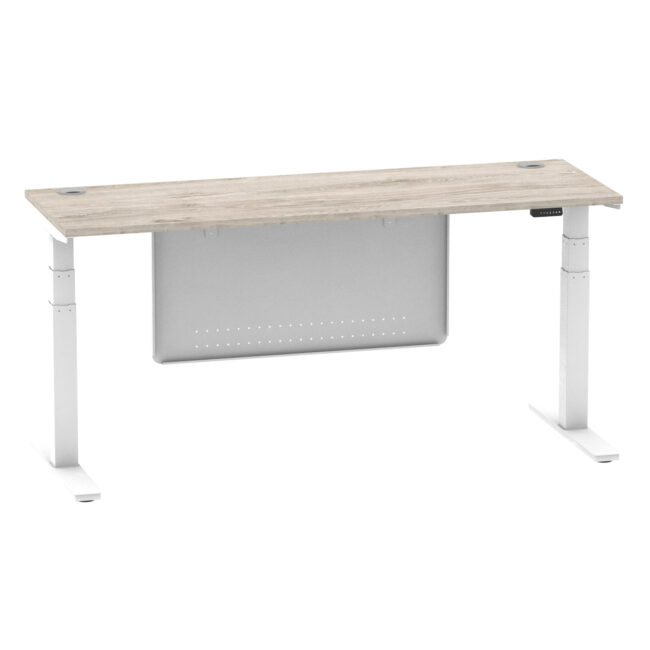 air height adjustable slimline desk with cable ports with steel modesty panel