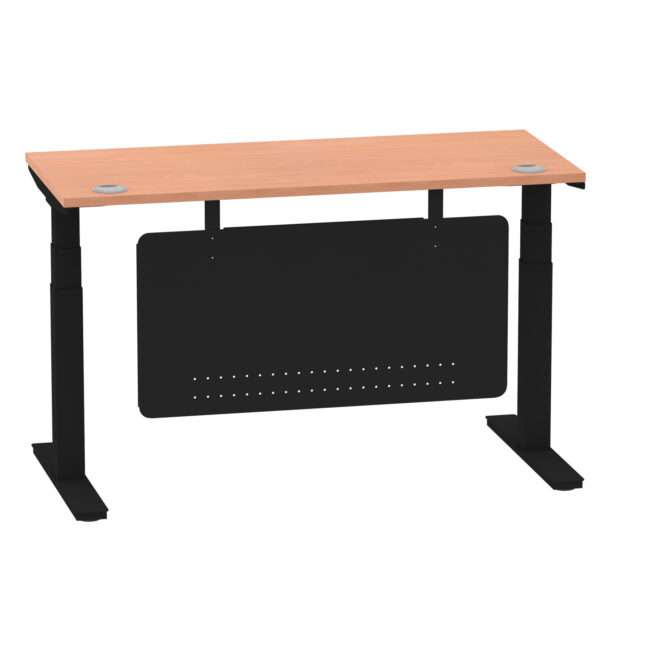 air height adjustable slimline desk with cable ports with steel modesty panel