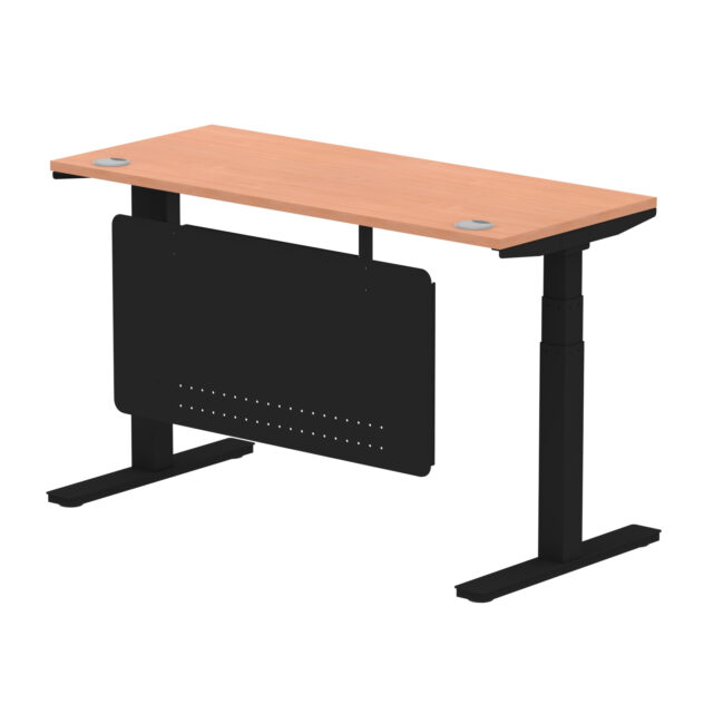 air height adjustable slimline desk with cable ports with steel modesty panel
