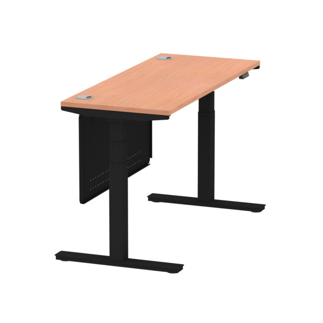 air height adjustable slimline desk with cable ports with steel modesty panel