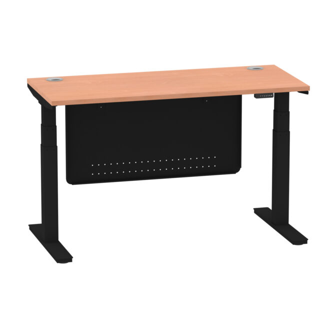 air height adjustable slimline desk with cable ports with steel modesty panel