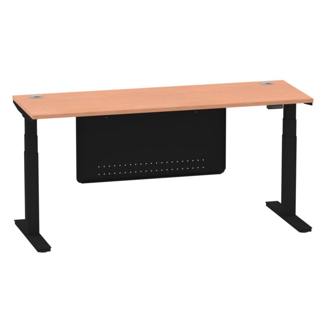 air height adjustable slimline desk with cable ports with steel modesty panel