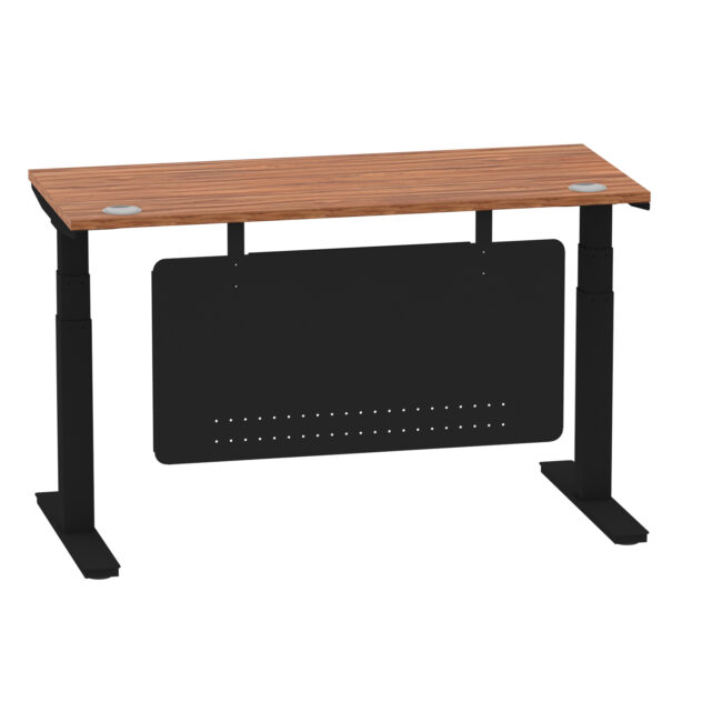 air height adjustable slimline desk with cable ports with steel modesty panel