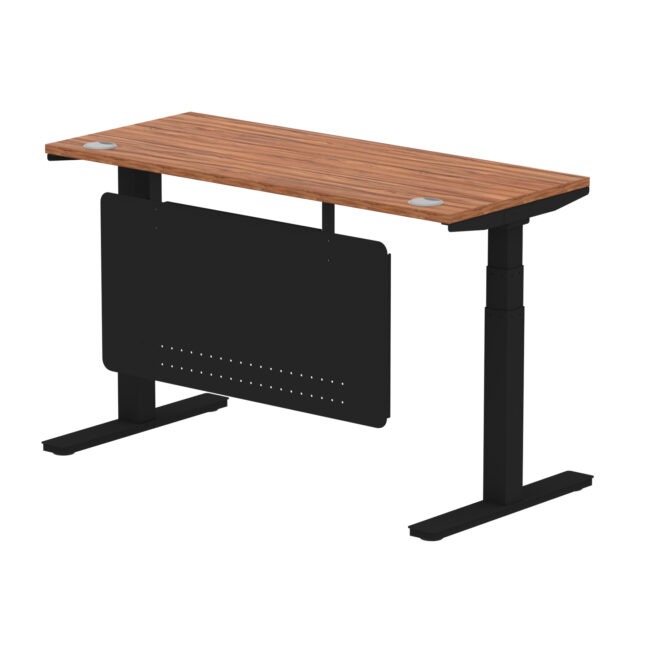 air height adjustable slimline desk with cable ports with steel modesty panel