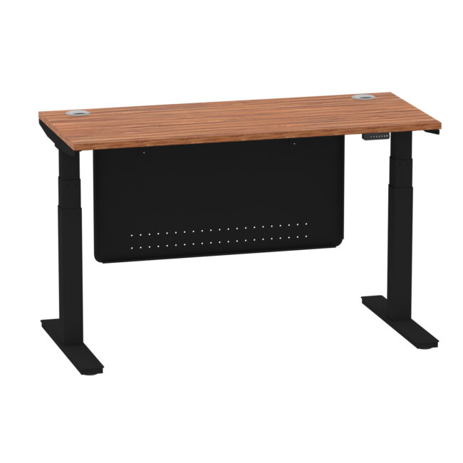 air height adjustable slimline desk with cable ports with steel modesty panel