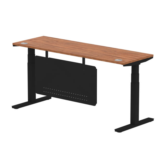 air height adjustable slimline desk with cable ports with steel modesty panel