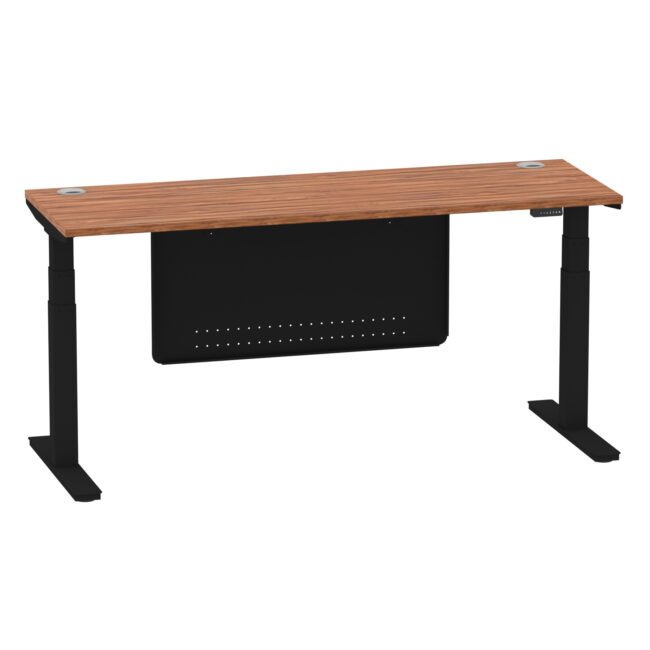 air height adjustable slimline desk with cable ports with steel modesty panel