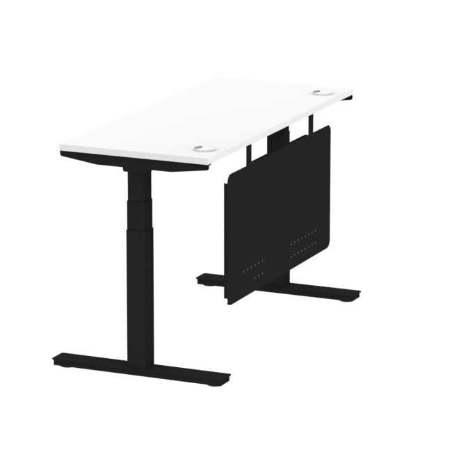 air height adjustable slimline desk with cable ports with steel modesty panel