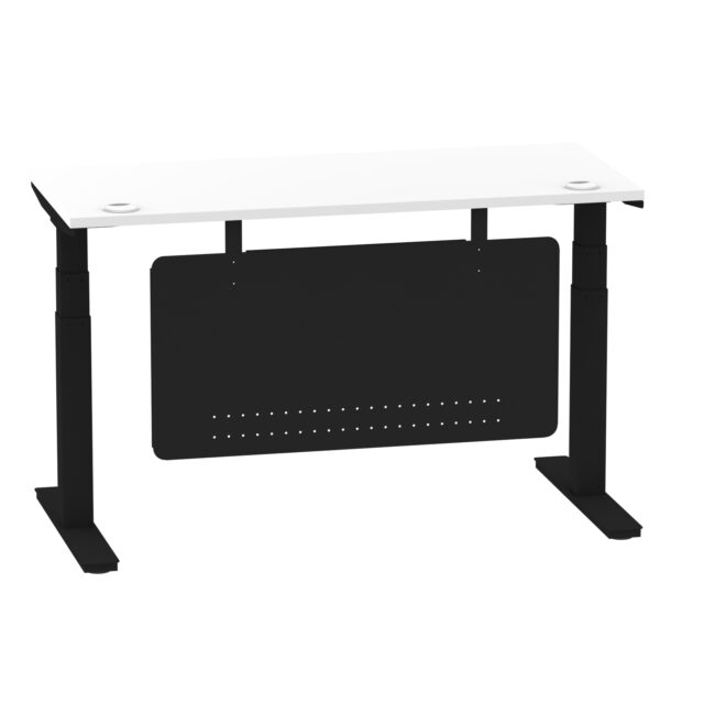 air height adjustable slimline desk with cable ports with steel modesty panel
