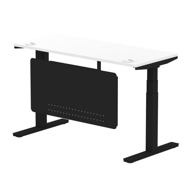 air height adjustable slimline desk with cable ports with steel modesty panel