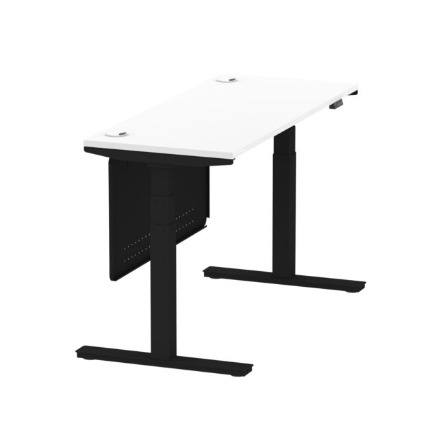 air height adjustable slimline desk with cable ports with steel modesty panel