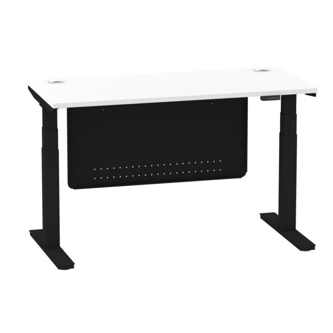 air height adjustable slimline desk with cable ports with steel modesty panel