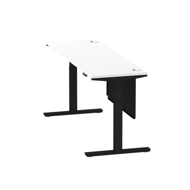 air height adjustable slimline desk with cable ports with steel modesty panel
