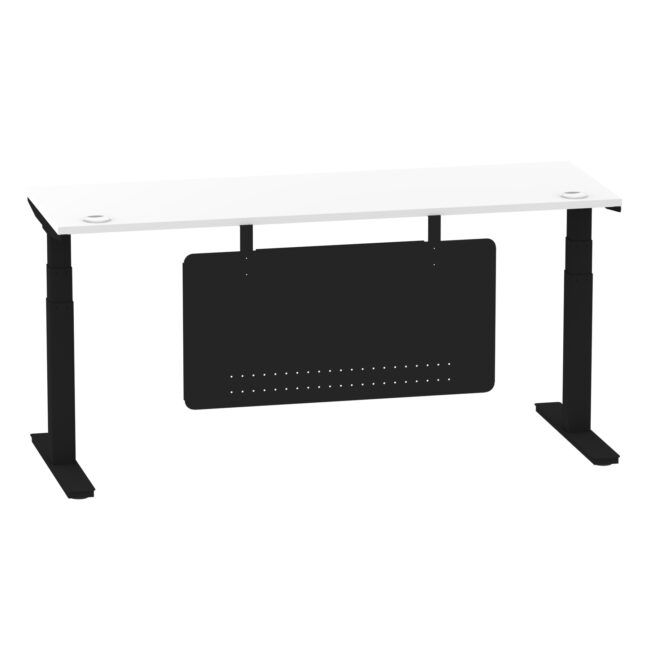 air height adjustable slimline desk with cable ports with steel modesty panel