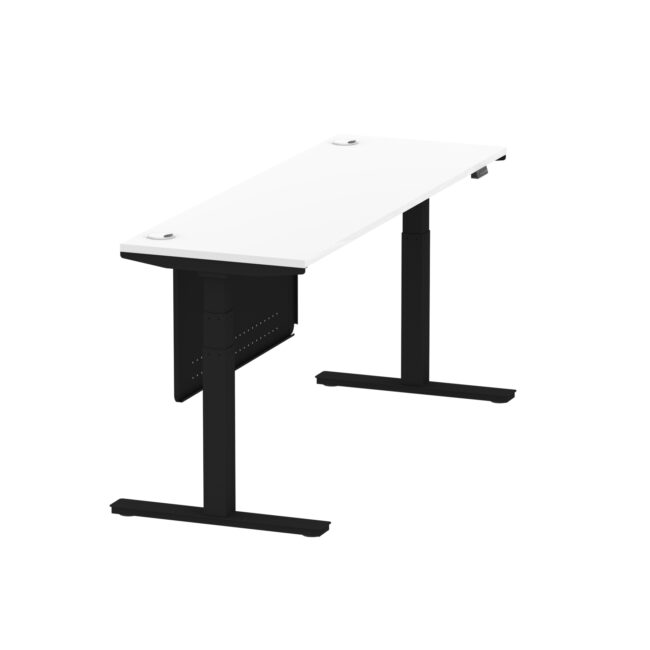 air height adjustable slimline desk with cable ports with steel modesty panel