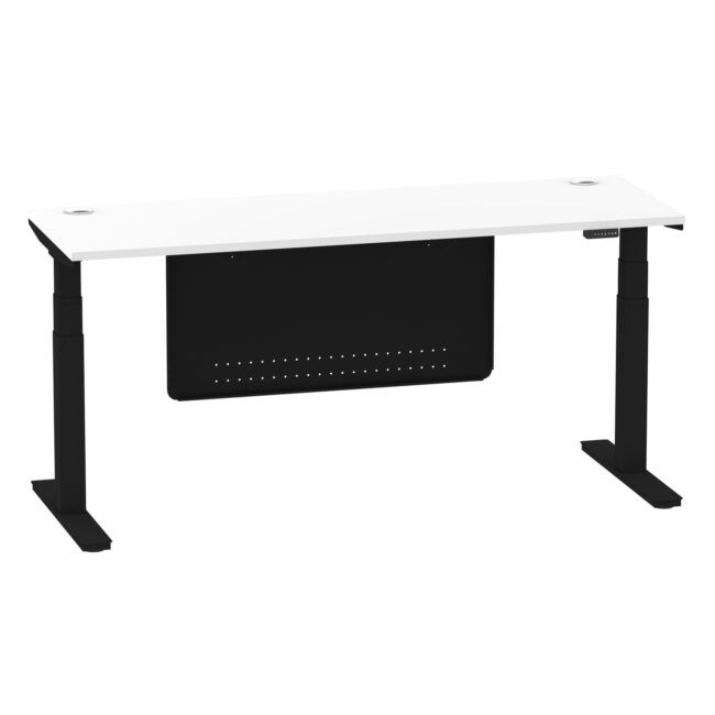 air height adjustable slimline desk with cable ports with steel modesty panel