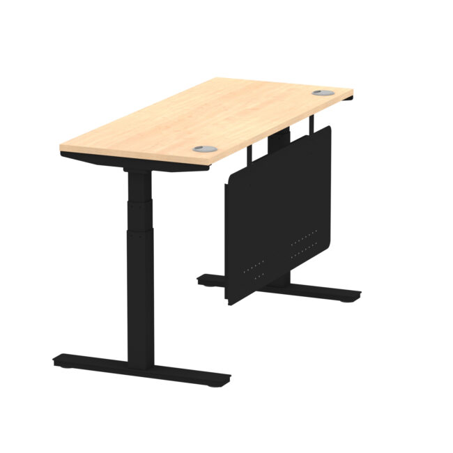 air height adjustable slimline desk with cable ports with steel modesty panel