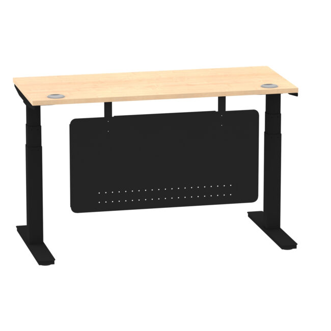 air height adjustable slimline desk with cable ports with steel modesty panel