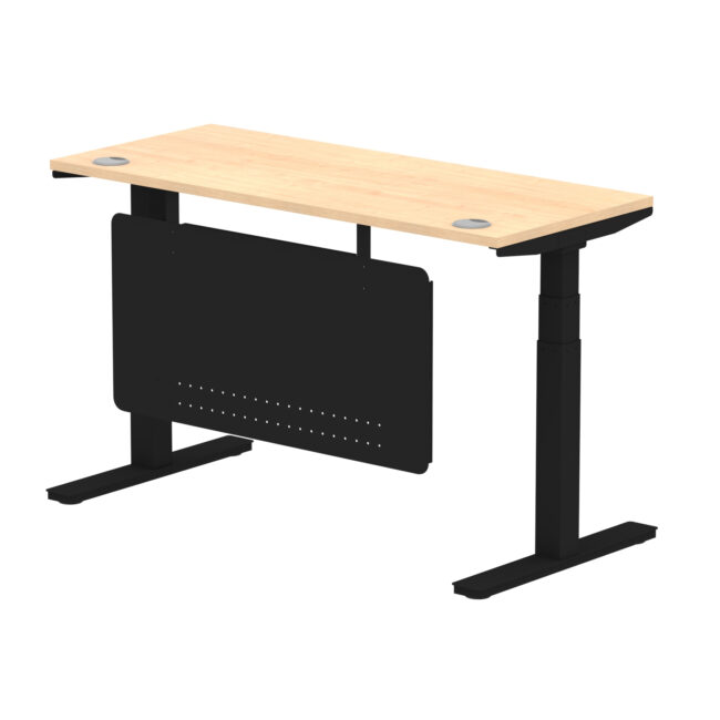 air height adjustable slimline desk with cable ports with steel modesty panel