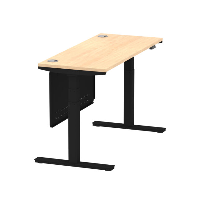 air height adjustable slimline desk with cable ports with steel modesty panel