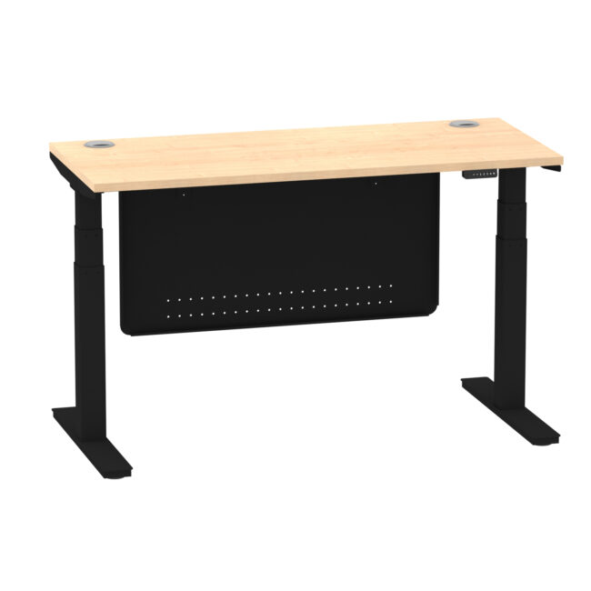 air height adjustable slimline desk with cable ports with steel modesty panel