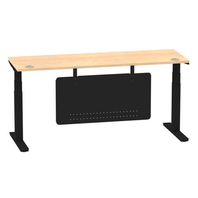 air height adjustable slimline desk with cable ports with steel modesty panel