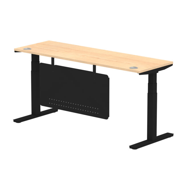 air height adjustable slimline desk with cable ports with steel modesty panel