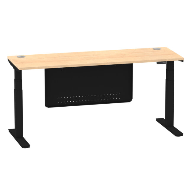 air height adjustable slimline desk with cable ports with steel modesty panel