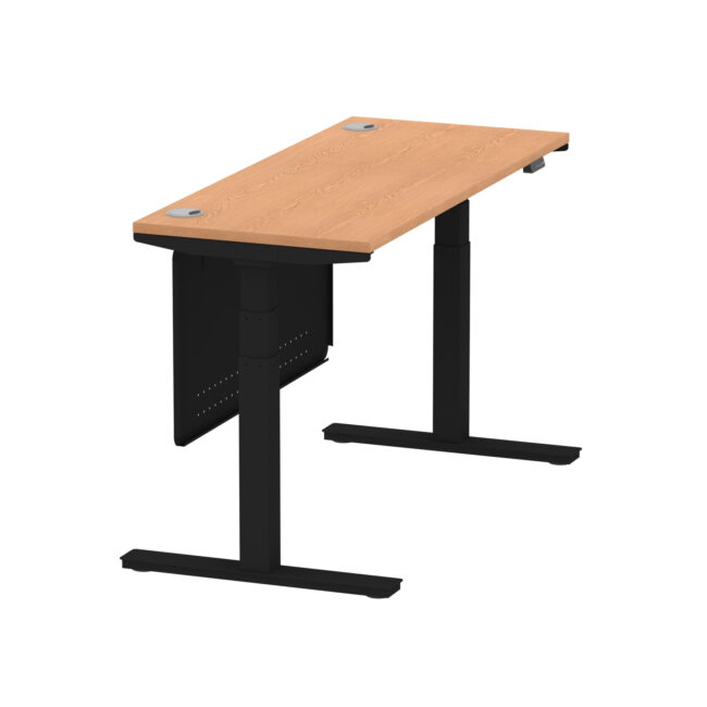 air height adjustable slimline desk with cable ports with steel modesty panel