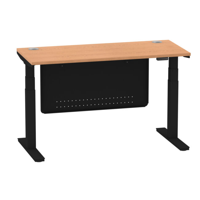 air height adjustable slimline desk with cable ports with steel modesty panel