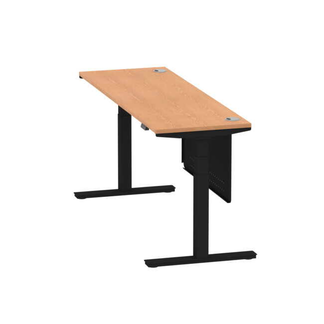 air height adjustable slimline desk with cable ports with steel modesty panel