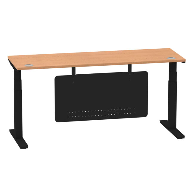 air height adjustable slimline desk with cable ports with steel modesty panel
