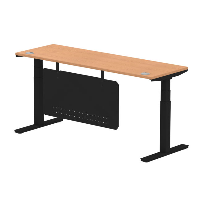 air height adjustable slimline desk with cable ports with steel modesty panel