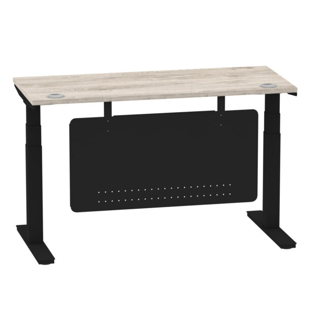 air height adjustable slimline desk with cable ports with steel modesty panel