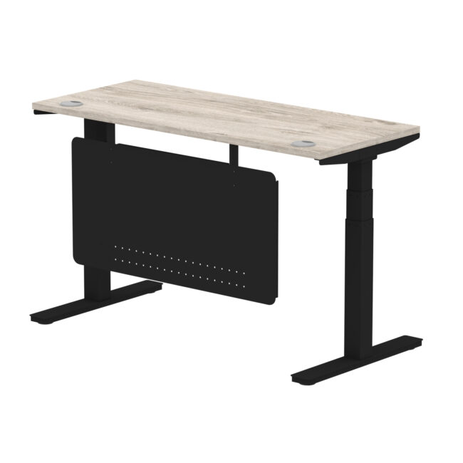 air height adjustable slimline desk with cable ports with steel modesty panel