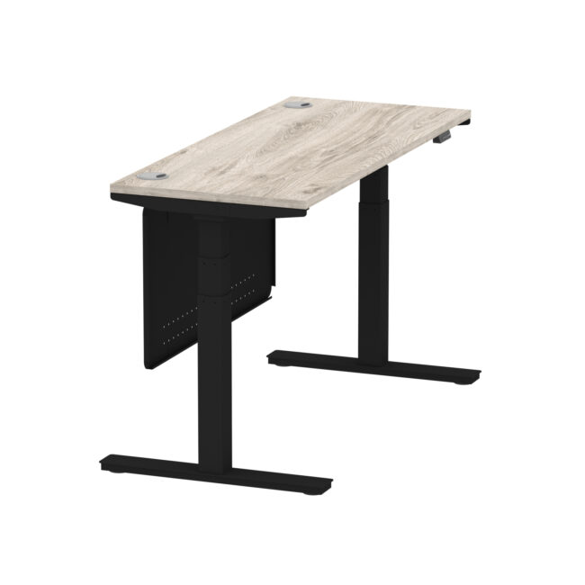 air height adjustable slimline desk with cable ports with steel modesty panel