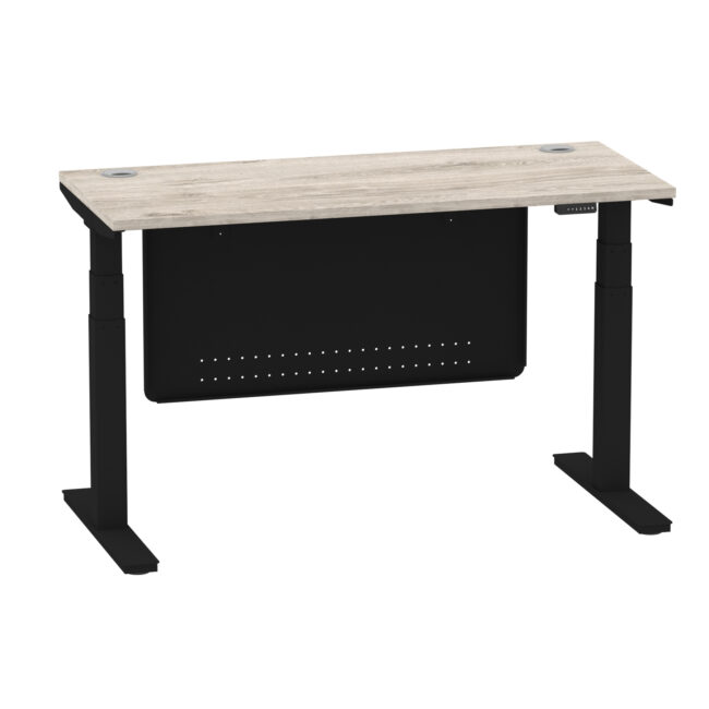 air height adjustable slimline desk with cable ports with steel modesty panel