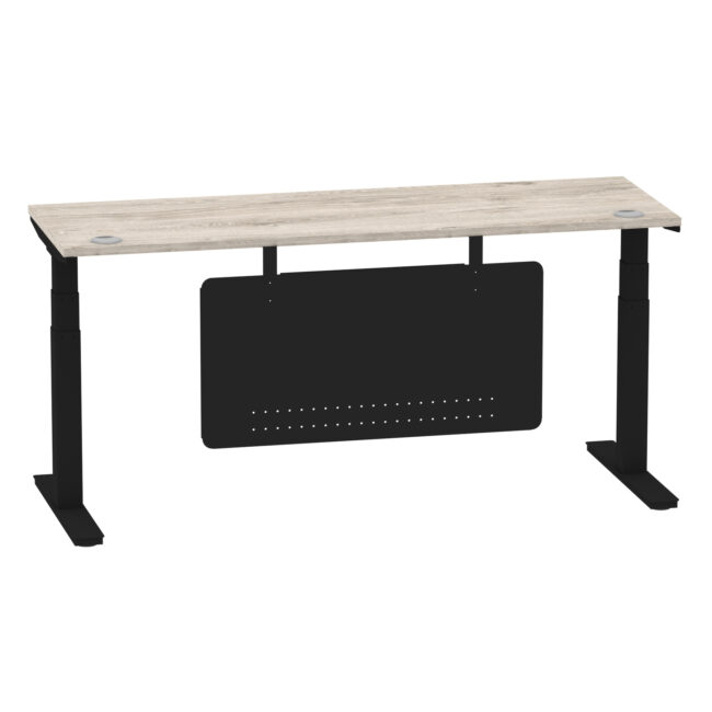 air height adjustable slimline desk with cable ports with steel modesty panel