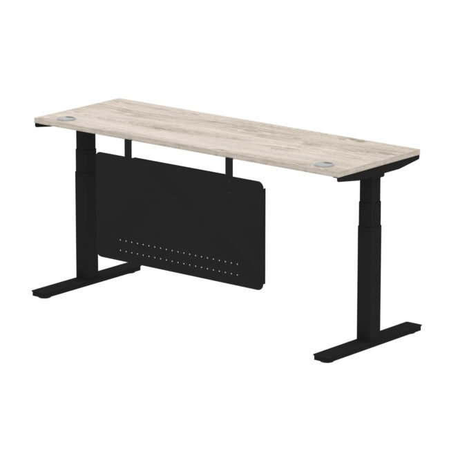 air height adjustable slimline desk with cable ports with steel modesty panel