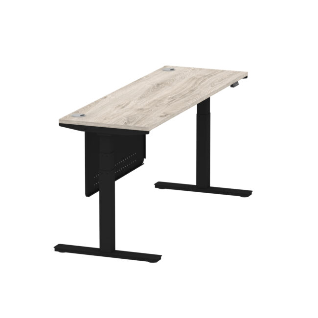 air height adjustable slimline desk with cable ports with steel modesty panel