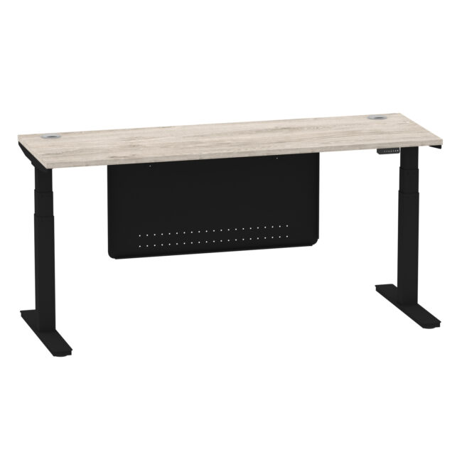 air height adjustable slimline desk with cable ports with steel modesty panel